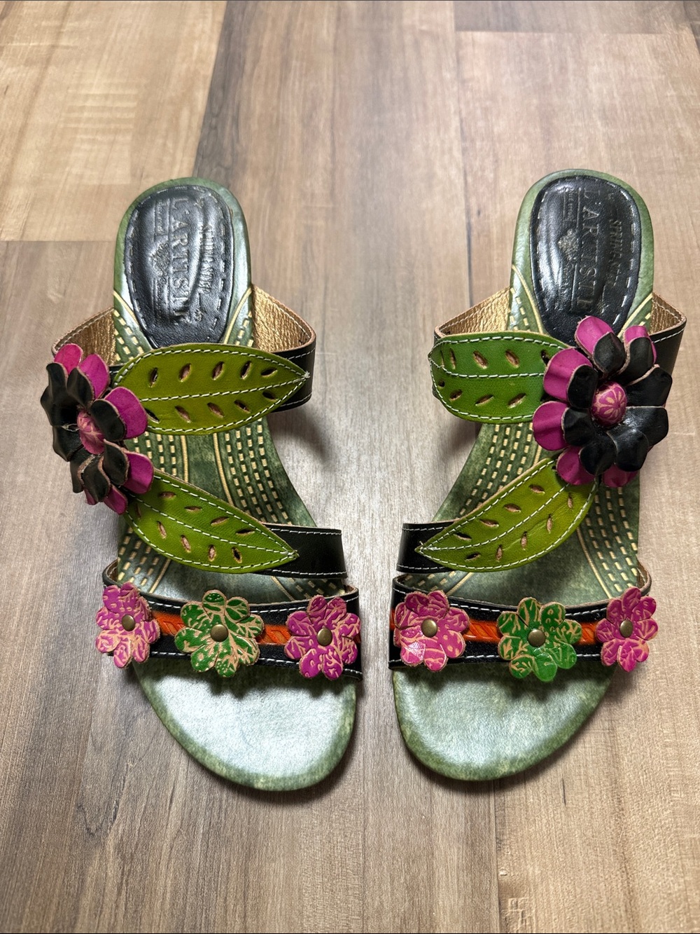 Floral Leather Slip-On Mules in Green & Pink